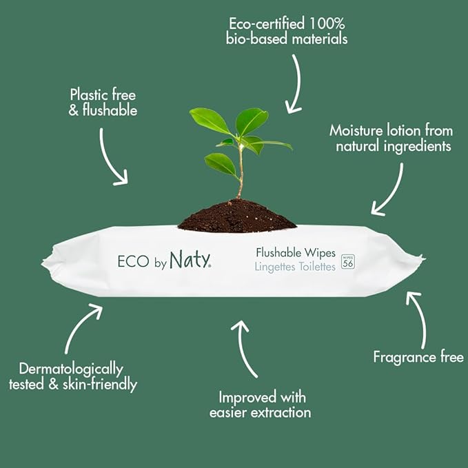 Eco by Naty Flushable Baby Wipes - Compostable and Plant-Based Wipes, Chemical-Free and Hypoallergenic Baby Wipes Safe for Baby Sensitive Skin, 56 Wipes Per Pack (12 Pk)