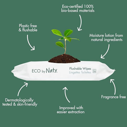 Eco by Naty Flushable Baby Wipes - Compostable and Plant-Based Wipes, Chemical-Free and Hypoallergenic Baby Wipes Safe for Baby Sensitive Skin, 56 Wipes Per Pack (3 Pk)