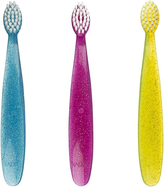 RADIUS Children's Toothbrush, Totz Brush, Extra Soft Bristles, Blue/Coral/Yellow, BPA Free & ADA Accepted, Designed for Delicate Teeth & Gums for Children 18 Months & Up, Pack of 3