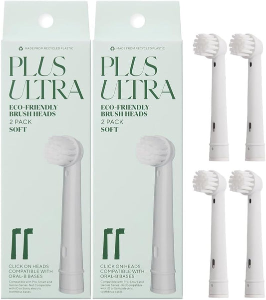Plus Ultra Eco-Friendly Oral-B Compatible Electric Toothbrush Replacement Heads | 4 Heads Per Pack | Made with Recycled Plastic | Soft Toothbrush for Sensitive Teeth