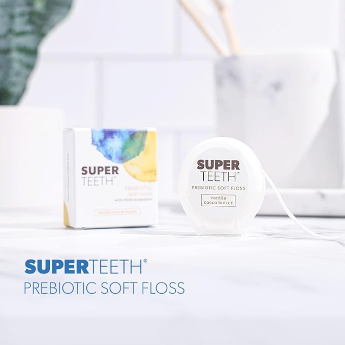 SuperTeeth Prebiotic Soft Floss with Hydroxyapatite | Expanding Dental Floss | for Adults and Kids | Oral Health | Plaque Removal | Xylitol | Vanilla Cocoa Butter | Teflon-Free