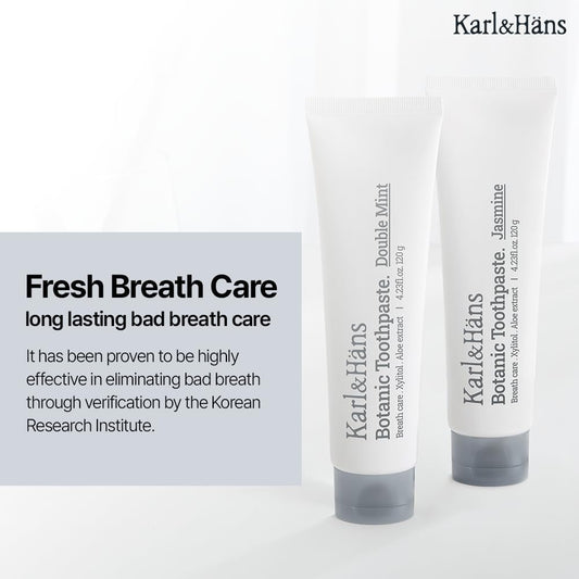 Karl&Hans Botanic Double Mint Toothpaste with Fluoride - Natural, Freshens Breath, Strengthens Enamel, Whitens Teeth, and Soothes Sensitive Teeth with Xylitol and Aloe Extracts, 4.23 oz