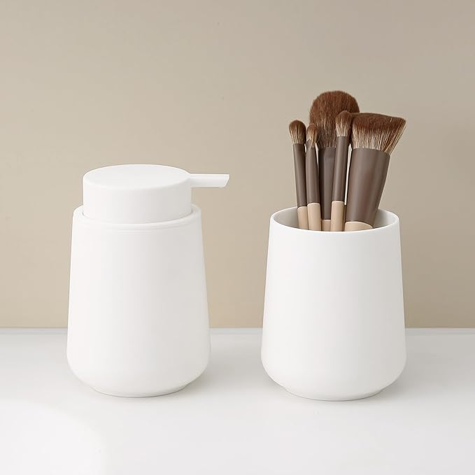 Matte White Bathroom Accessories 2 Piece Set Plastic Soap Dispenser and Toothbrush Holder for Modern Bathroom Decor
