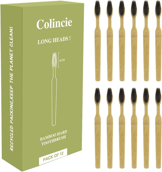 Extra Hard & Firm Bamboo Charcoal Toothbrush Long Head with Wide Thickened Handle Whitening Teeth Pack of 12