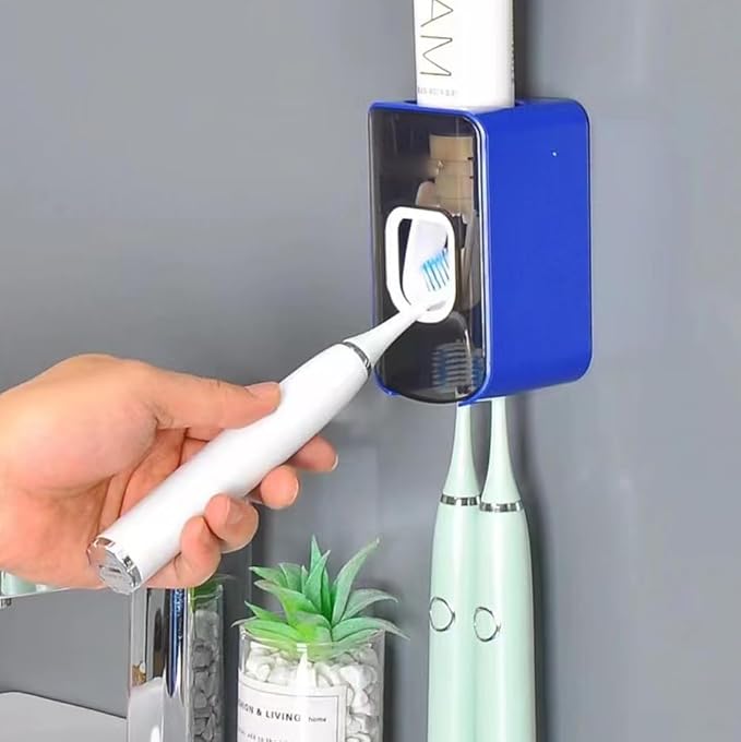 2 Slot Toothbrush Holder and Toothpaste Dispenser Wall Mounted, Automatic Toothpaste Squeezer, 2 in 1 Tooth Brush Toothpaste Organizer for Shower (Dark Blue)