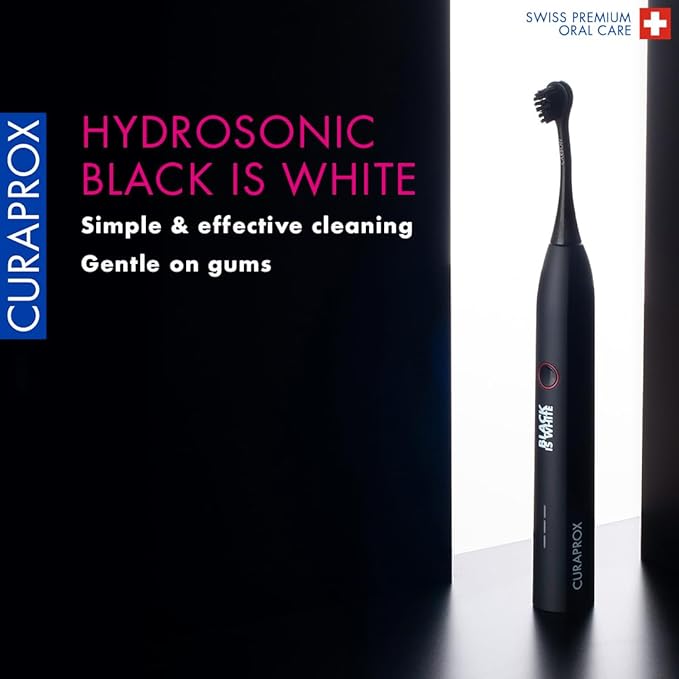 Curaprox Black is White Hydrosonic Toothbrush – Teeth Whitening and Gum Care | Ultra-Gentle Cleaning with Carbon Brush Heads | Set with Charger and Travel Case