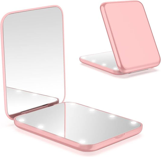 WOBSION Small Mirror with Lights,LED Compact Makeup Mirror,1x/3x Mini Travel Mirror with Magnification,Portable for Purse,Pocket,Gifts for Girls,Rose Gold