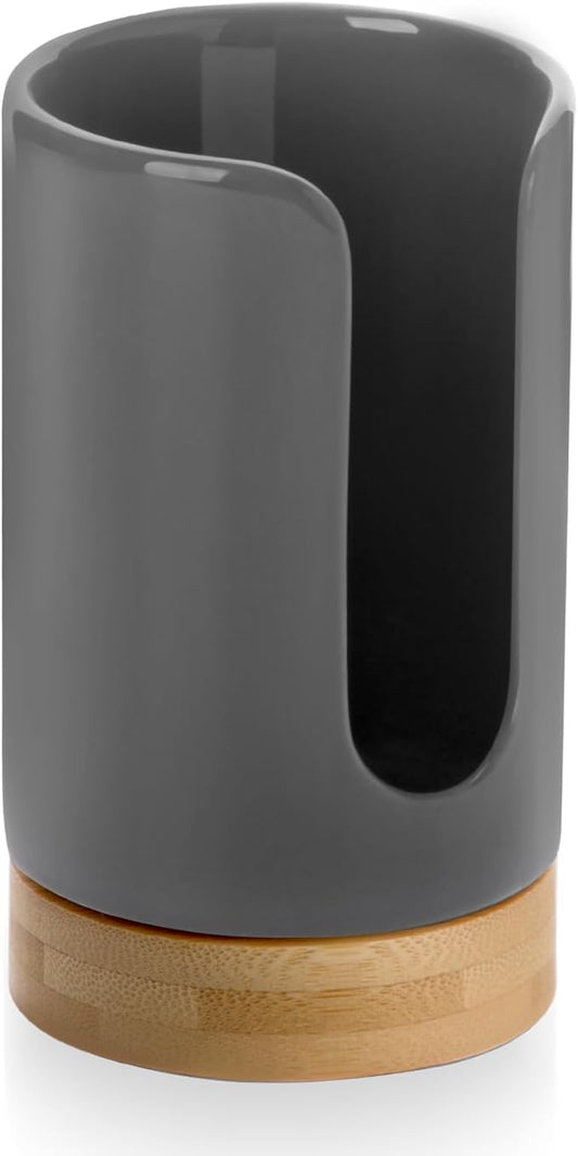 Ceramic Bathroom Cups Dispenser - 3-5 oz Disposable Paper & Plastic Bathroom Cups Holder - Mouthwash Cups Dispenser for Bathroom, Guest Toiletries, Countertop, Coffee - BPA Free (Grey)