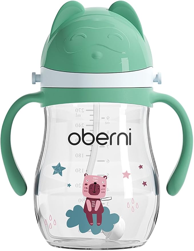 Tritan Sippy Cup, 270ml/9oz Baby Water Drinking Bottle with Removable Handle and Strap, Leak-Proof Training Cup for 12M+/1 Years+ Toddlers, Green/Pack of 1