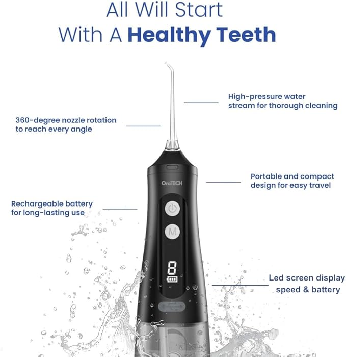 OraTECH Water Dental Flosser, Portable Cordless Oral Irrigator 350ML Rechargeable Travel IPX7 Waterproof Electric Flossing for Teeth Cleaning (Black)