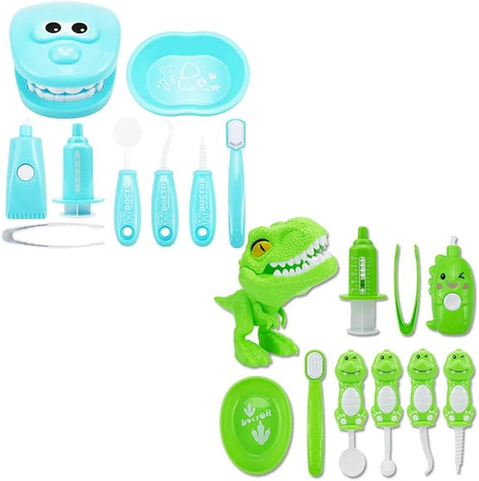 Bundle 19PCS = 9PCS Plastic Simulation Dentist Play Set （Light Blue） + 10PCS Plastic Dinosaur Simulation Dentist Play Set (Green)