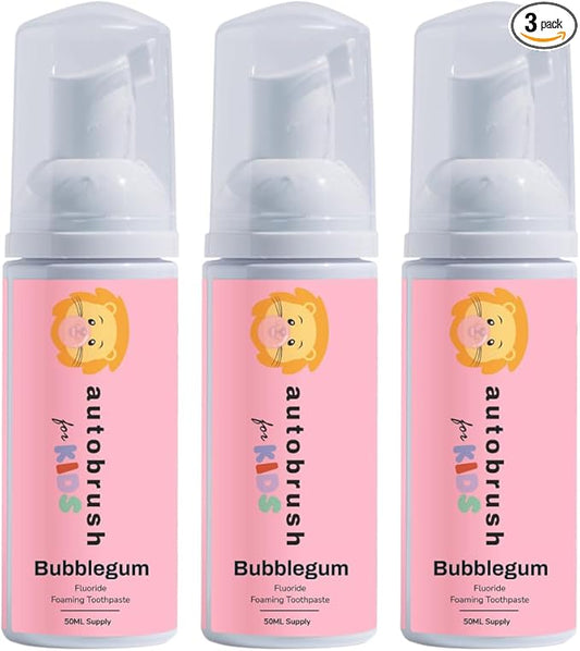autobrush Fluoride Foaming Toothpaste for Kids, Bubblegum Flavor, Whitening & Deep Cleaning, Travel Friendly, Anti-Cavity (Pack of 3)
