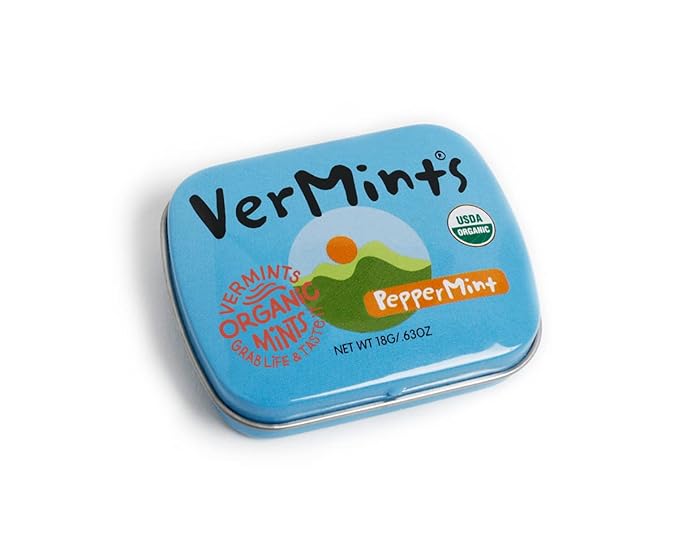 VerMints Organic Breath Mints PepperMint Candy Mints for Real Long-Lasting Flavor, Travel Size Tin - Non-GMO, Nut Free, Gluten Free, Vegan, Kosher Peppermints - .63oz/18g Tins (Pack of 12)