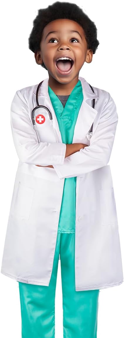 Meland Doctor Costume for Girls - Kids Scrubs with Lab Coat & Carry Bag, Doctor Dress Up for Halloween, Career Day Role Play