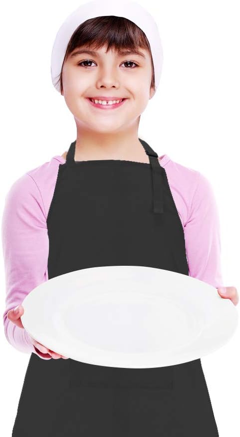 Kids Apron and Chef Hat Set, Adjustable Cotton Child Aprons with Large Pocket Black Girls Boys Kitchen Bib Aprons for Cooking Baking Painting