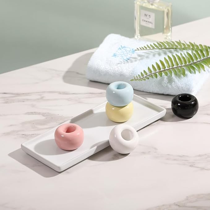 Mini Ceramics Toothbrush Holder Stand for Bathroom Vanity Countertop, Handmade Couple Toothbrush Head Holder, Shaver Holder and Office Pen Holder, Pink&Blue, Pack of 2