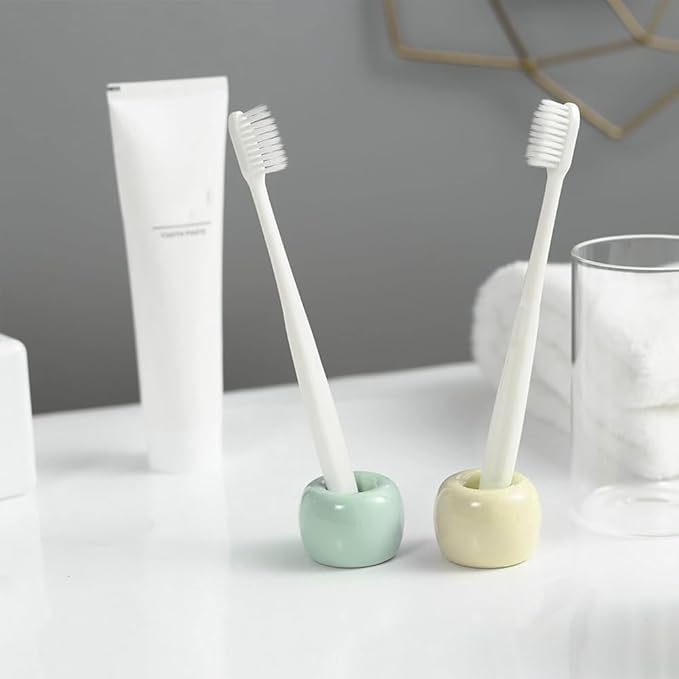 Mini Ceramics Toothbrush Holder Stand for Bathroom Vanity Countertop, Handmade Couple Toothbrush Head Holder, Shaver Holder and Office Pen Holder, Yellow&Green, Pack of 2