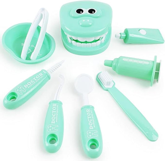 9PCS Plastic Simulation Dentist Play Set Medical Kit Pretend Toy for Kids Hygienic Habbit Cultivation Role Play Game for Children 6 Colors (Purple/Pink/Yellow/Green) Simple OPP Bag Packaging (Green)