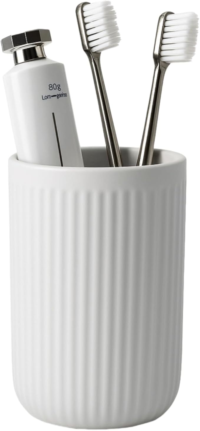 BosilunLife Ceramic Toothbrush Holder - 12oz Bathroom Toothbrush Holder Light Grey Tooth Brush Holders Tumbler Cups Reusable Toothbrush Mouthwash Cup Small Toothbrush and Toothpaste Holder
