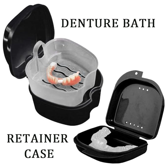 Denture Bath Case Cup with Denture Cleaner Brush & Retainer Holder Box, Complete Clean Care for Dentures, Clear Braces, Mouth Guard, Night Guard & Retainers,Traveling (Black)