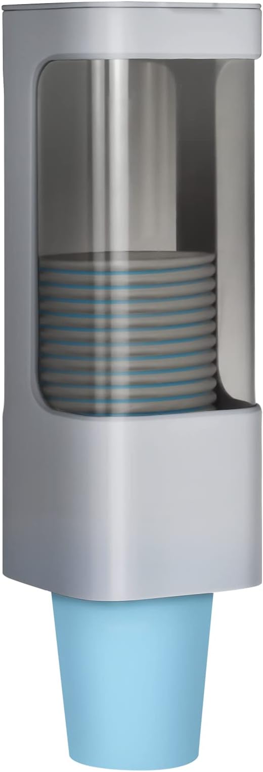 LBTING Water Cooler Cup Dispenser, Pull Type Cup Holder Fit 3oz - 5oz Small Bathroom Disposable Cups, Adhesive Wall Mounted Cup Dispenser - Gray