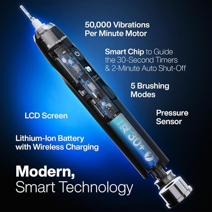 Aquasonic Clinical AQ Ultra-Whitening Smart Toothbrush with Pressure Sensor, LCD Screen & Battery Level Indicator - 2 Brush Heads & Hard Sell Travel Case