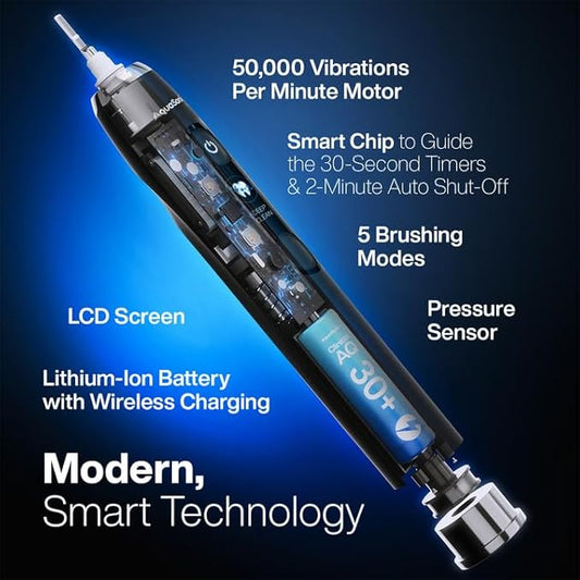 Aquasonic Clinical AQ Ultra-Whitening Smart Toothbrush with Pressure Sensor, LCD Screen & Battery Level Indicator - 2 Brush Heads & Hard Sell Travel Case