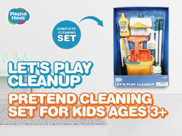8-Piece Cleaning Playset for Toddlers - Broom, Mop, Pail, Dustpan, Brush, Squeegee, and Pretend Bottles - Perfect for Imaginative Play and Skill Building