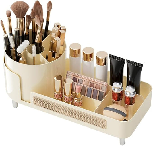 360° Countertop Swivel Cosmetic Organiser, Large Swivel Cosmetic Organiser With Brush Holder For Skincare, Perfume, Beauty Tools Display Case (Cream)