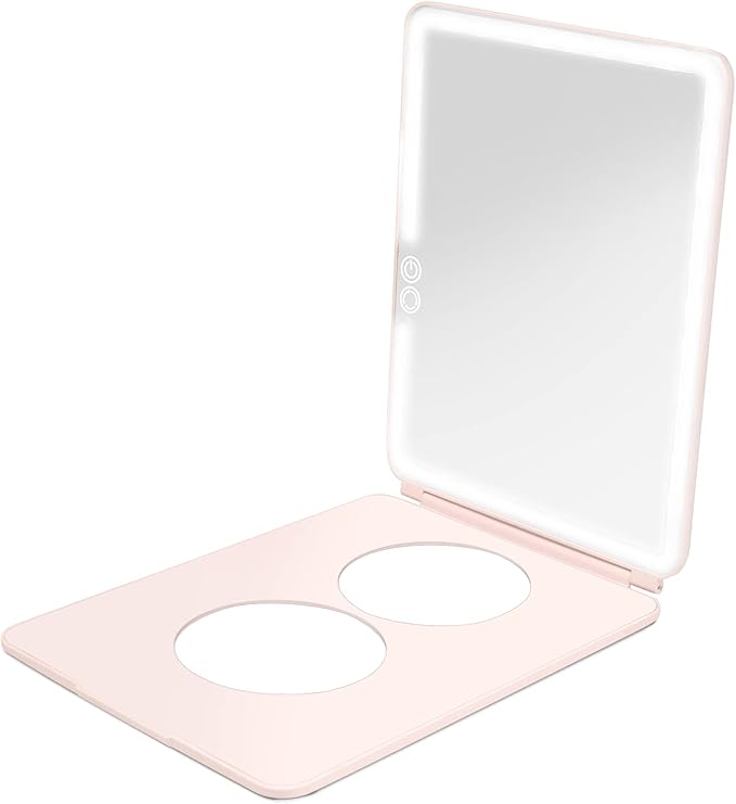 Vanity Planet Handheld Makeup Mirror with Lights, Pose 2.0 (Blush) - Light Up Travel LED Mirror with 3X & 5X Magnification - Dimmable Lighting & Micro-USB Rechargeable Lighted Compact Mirror