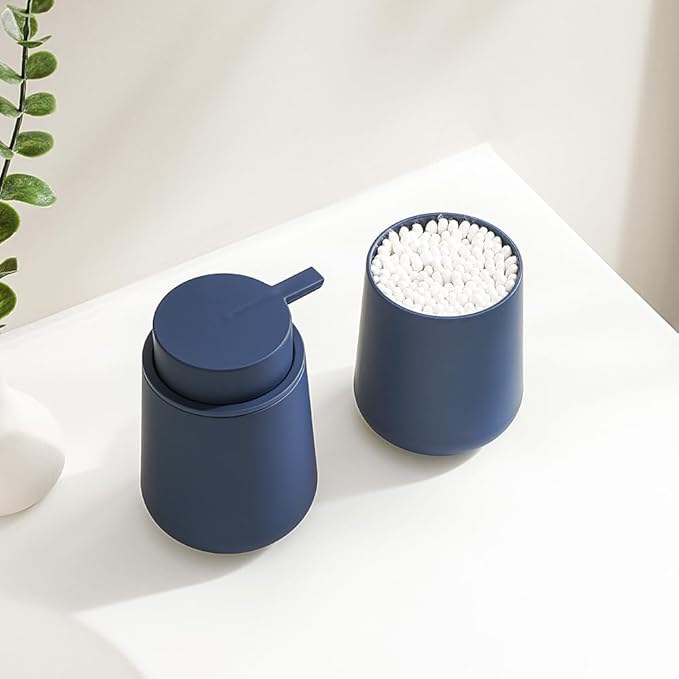 Matte Navy Blue Bathroom Accessories 2 Piece Set Plastic Soap Dispenser and Toothbrush Holder for Modern Bathroom Decor