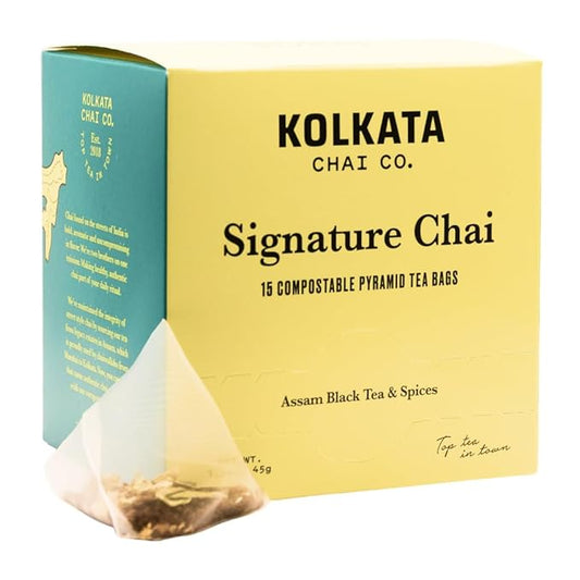 Kolkata Chai - Signature Chai Tea Bag, 15 Count, Premium Organic Assam Black Tea and Spices, Compostable Tea Bags, Vegan, All Natural