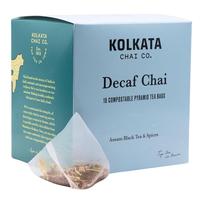 Kolkata Chai - Decaf Chai Tea Bag, 15 Count, Premium Assam Black Tea and Spices, Compostable Tea Bags, Vegan, All Natural