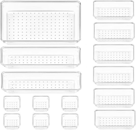 15PCS Clear Plastic Drawer Organizer Set 4-Size Versatile Bathroom and Vanity Drawer Organizer Trays Storage Bins