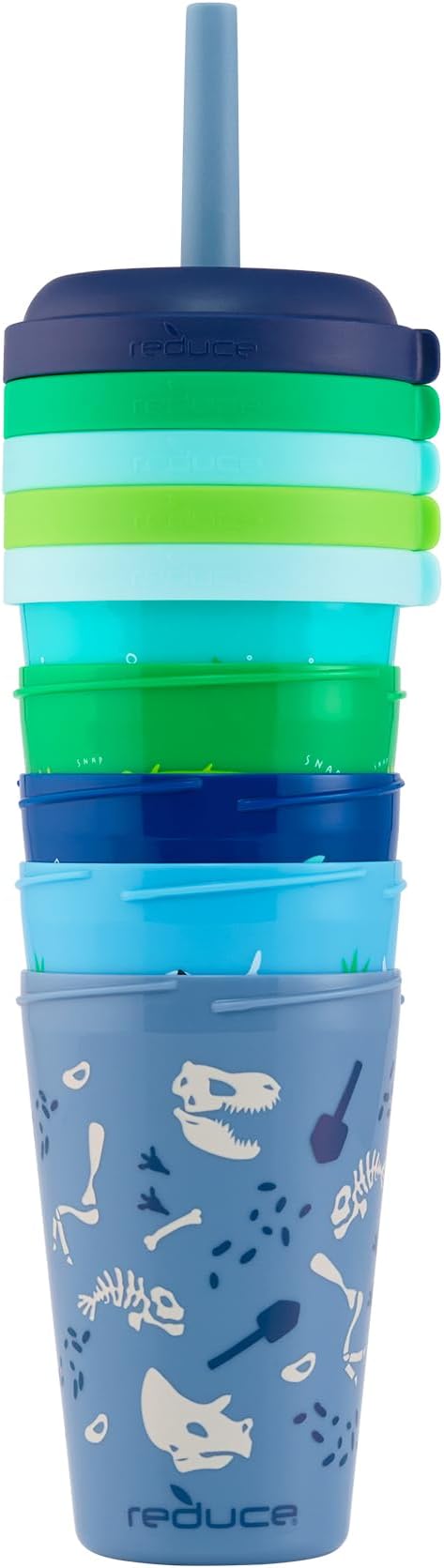 REDUCE GoGo's Kids Portable Tumbler Cups with Lids and Spill-Proof Straws - 5 Pack of Stackable 12 oz Tumblers with Twist-On Lids - Easy Storage, Dishwasher Safe - Scavenger Boy Set