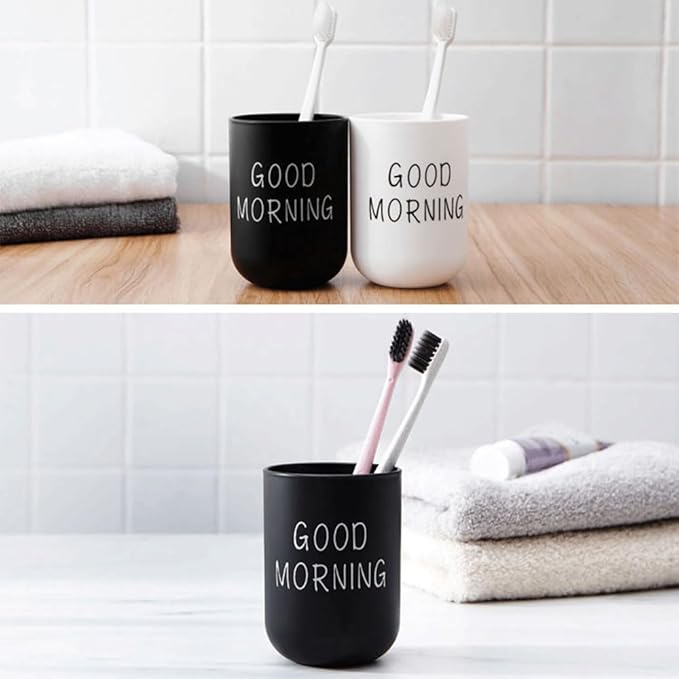 Minimalist Mouthwash Cup, 300ml Large Capacity，Black and White Colors, Good Morning Printed Design, Durable, Eco Friendly, Easy to Clean, Perfect for Bathroom and Travel (Black & White)