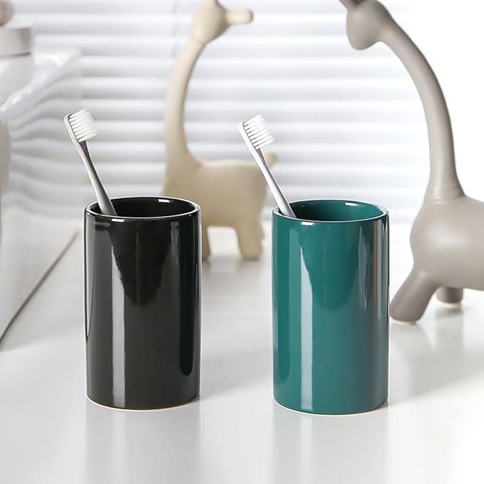 Black Ceramic Toothbrush Holder, Tumbler Cups Reusable Toothbrush Mouthwash Cup,Makeup Brush Holder, Bathroom Counter Organizer(300ml)