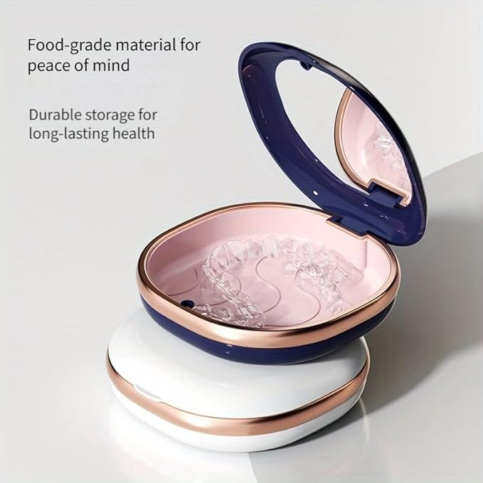 Denture Case with Mirror, Portable Retainer Case for Braces, Mouth Guards, Orthodontic Retainers, Compact, Stylish, and Travel-Friendly Denture Box (Navy blue)