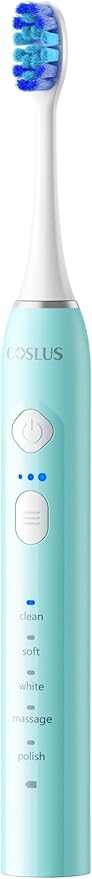 COSLUS Sonic Electric Toothbrush for Adults & Kids: 3 Intensities 5 Modes Gum-Friendly for Deep Cleaning & Whitening - 2 Types of Heads for Family, Sensitive Teeth, Braces, Travel & Home Use, Green