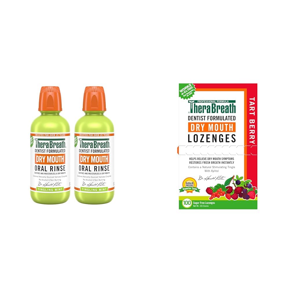 TheraBreath Dry Mouth Oral Rinse, Tingling Mint, Dentist Formulated, 16 Fl Oz (2-Pack) & Dry Mouth Lozenges with ZINC, Tart Berry Flavor, 100 Lozenges