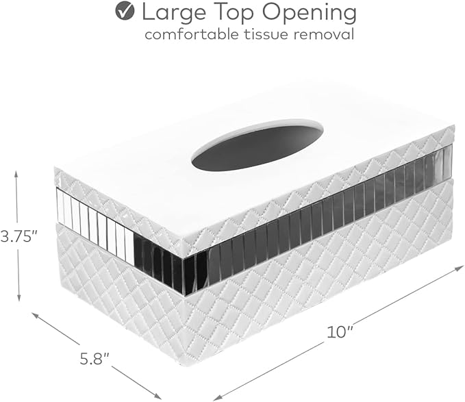 Creative Scents Quilted Mirror Rectangle Tissue Box Cover - White Tissue Box Holder Rectangular for Bathroom with Durable Bottom Slider - Tissue holders Decorative White Bathroom Accessories and Decor