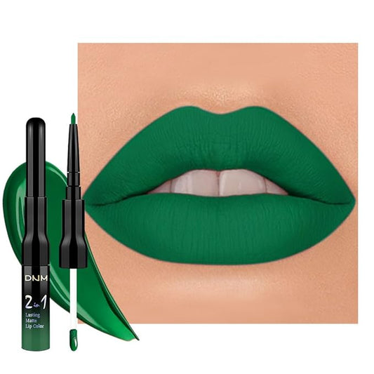 1Pcs 2 in 1 Forest Green Purple Matte Lip Liner and Liquid Lipstick Stain Makeup Set for women, Green Long Lasting Smudge Proof Lip Tint Matte Finish Lip Gloss for All-Day Color Hold Easy to Use 48#