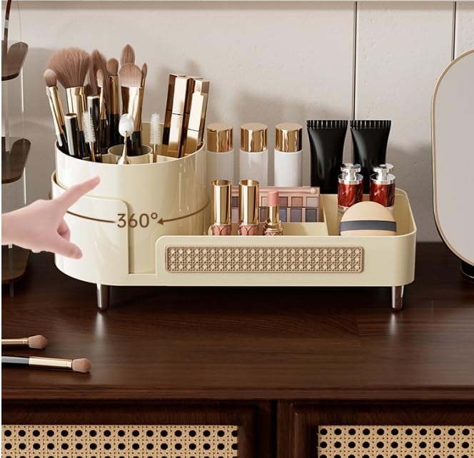360° Countertop Swivel Cosmetic Organiser, Large Swivel Cosmetic Organiser With Brush Holder For Skincare, Perfume, Beauty Tools Display Case (Cream)