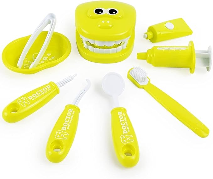 9PCS Plastic Simulation Dentist Play Set Medical Kit Pretend Toy for Kids Hygienic Habbit Cultivation Role Play Game for Children 6 Colors (Purple/Pink/Yellow/Green) Simple OPP Bag Packaging (Yellow)