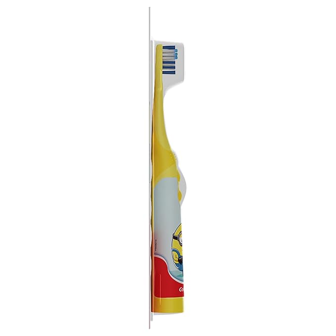 Colgate Kids Battery Powered Toothbrush with Included AA Battery, Extra Soft Bristles, Flat-Laying Handle to Prevent Rolling, Minion, 1 Pack