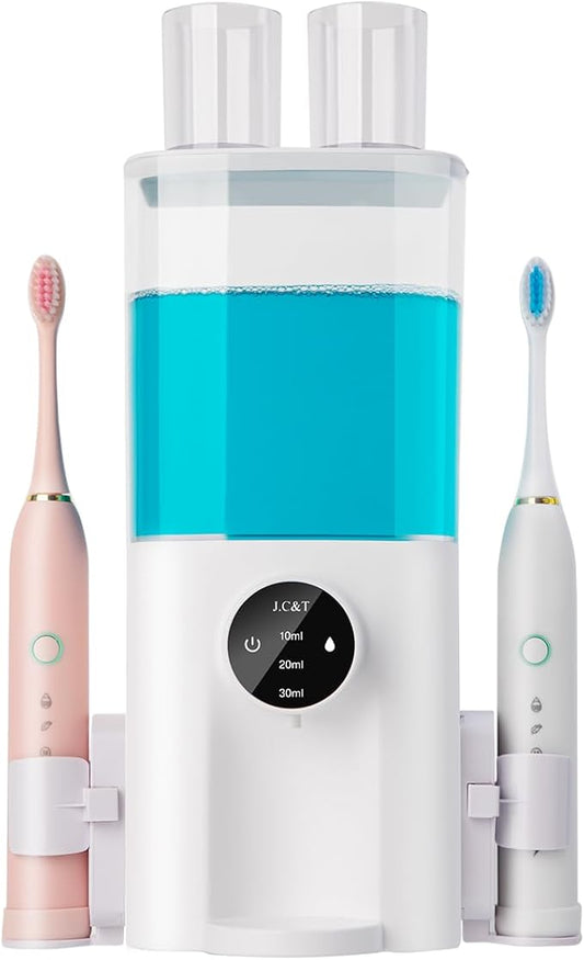 J.C&T Automatic Mouthwash Dispenser, 21.98 Fl Oz (650ML) Touchless Electric Wall-Mounted & Countertop, Rechargeable Mouth Wash Dispensers for Bathroom with Magnetic Cups for Kids & Adults, White