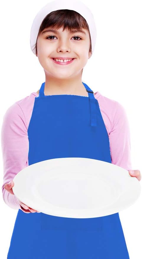 Kids Apron and Chef Hat Set, Adjustable Cotton Child Aprons with Large Pocket Blue Girls Boys Kitchen Bib Aprons for Cooking Baking Painting
