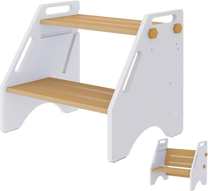 Toddler Step Stool, Wooden Height-Adjustable 2 Step Stool for Kids, 2 in 1 Potty Training Stool with Safety Handles Non-Slip Pads for Bathroom Sink, Kitchen, Bedroom (White)