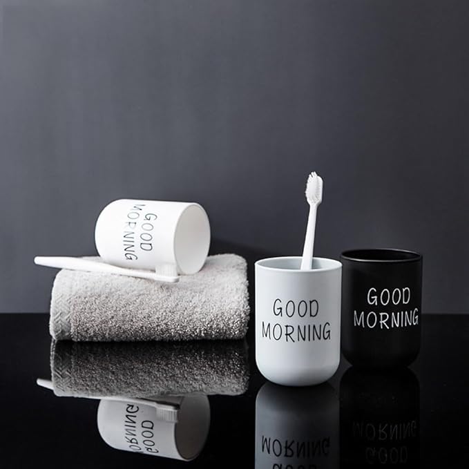 Minimalist Mouthwash Cup, 300ml Large Capacity，Black and White Colors, Good Morning Printed Design, Durable, Eco Friendly, Easy to Clean, Perfect for Bathroom and Travel (Black & White)
