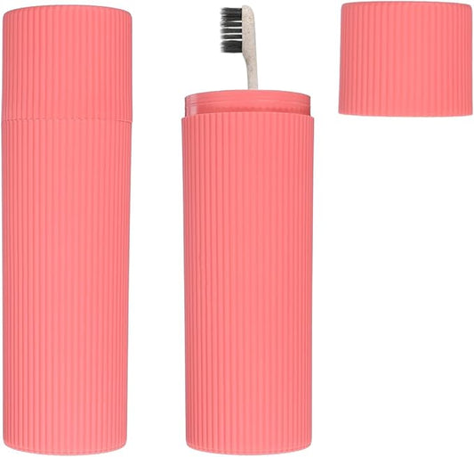 uxcell 2Pcs Travel Toothbrush Case, 7.9x2.4x2.4 Portable Travel Toothbrush Holder with Stripe, Plastic Toothpaste Container for Bathroom, Gym, Business Trip, Camping, Pink